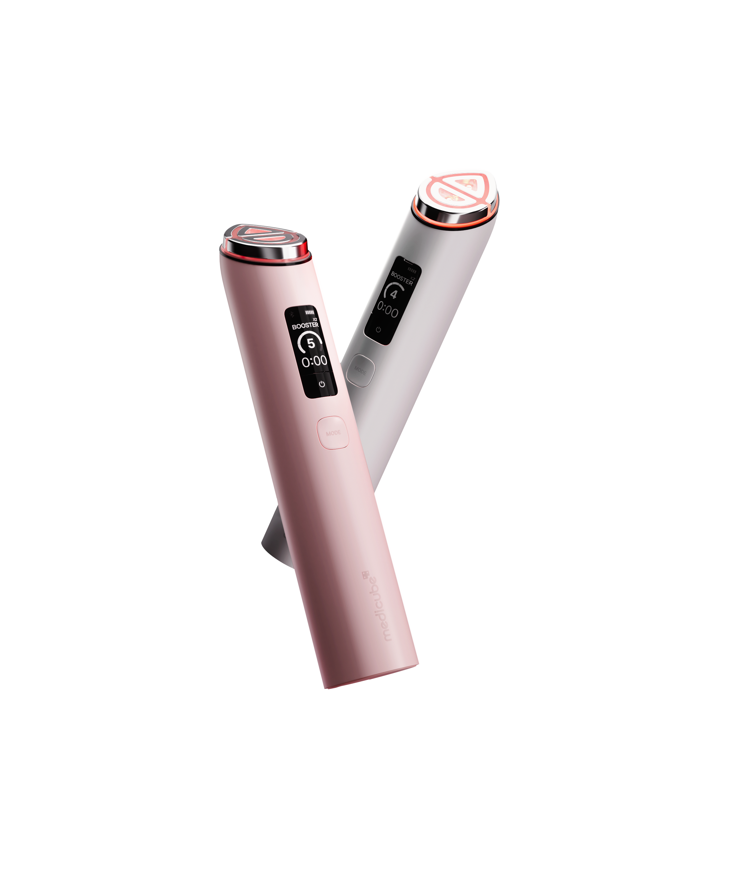 Two Medicube Booster Pro beauty devices, one pink and one white