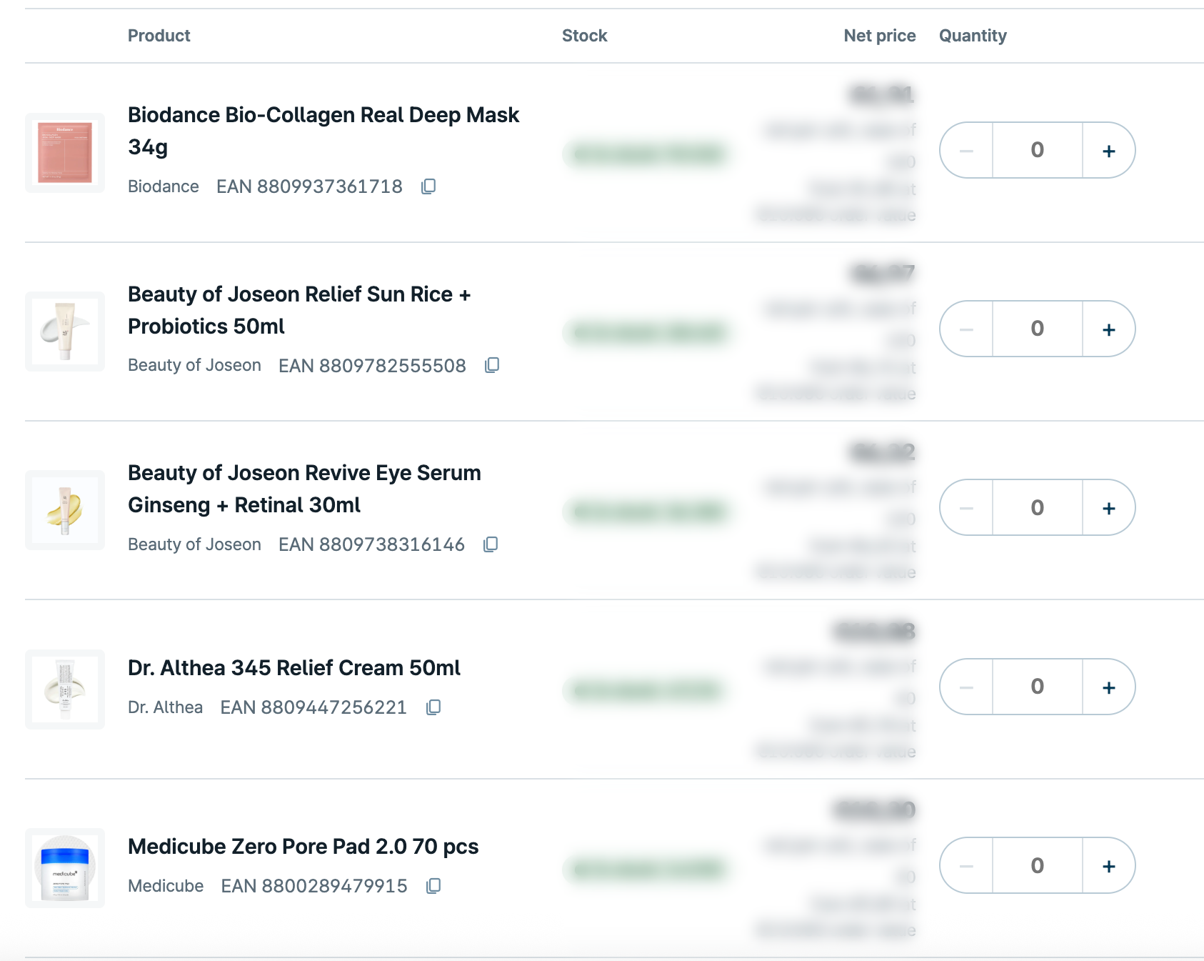 Product list in the TIC Wholesale B2B shop with K-beauty products from Biodance, Beauty of Joseon, Dr. Althea and Medicube, EAN, case size and quantity field; stock and wholesale prices blurred